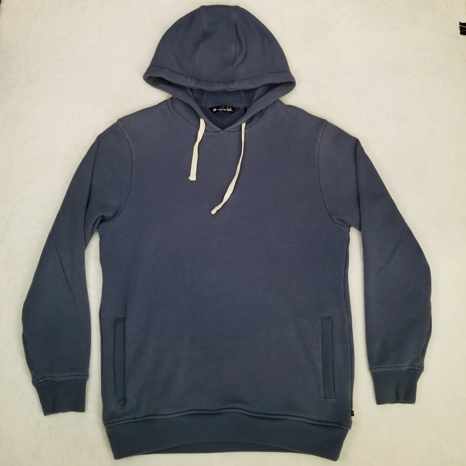 Travis Mathis Blue Pullover Hooded Sweater Men's Size Medium Side Pockets Casual