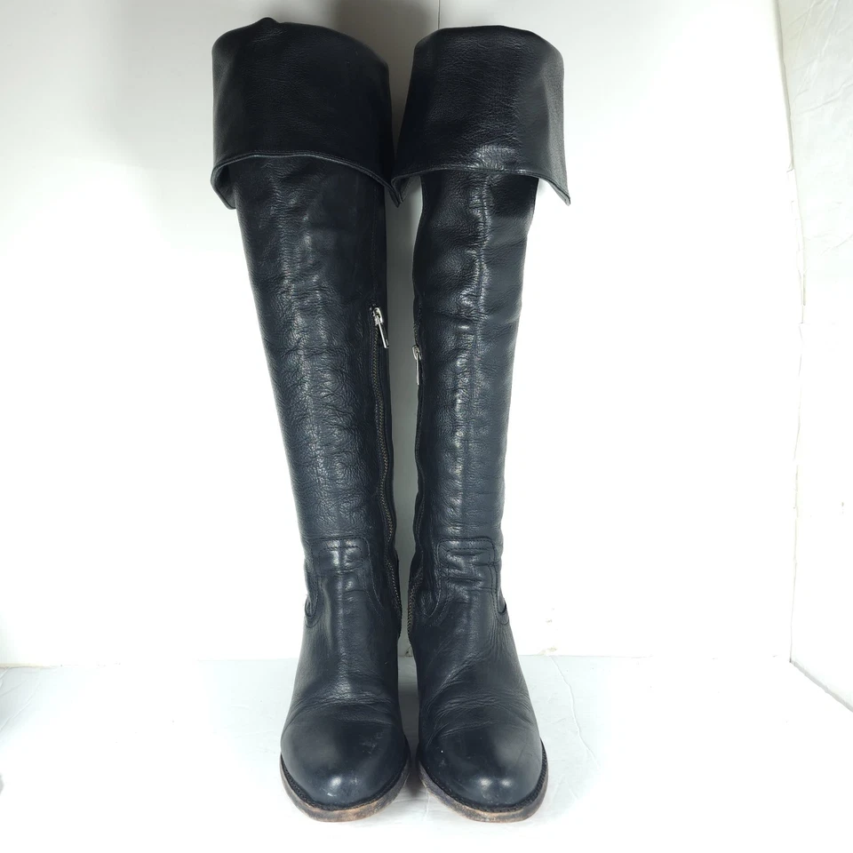 Frye Women's Jane US6,5B Black Leather Fold Over Pull On Knee High Riding Boots  - Image 3 of 4