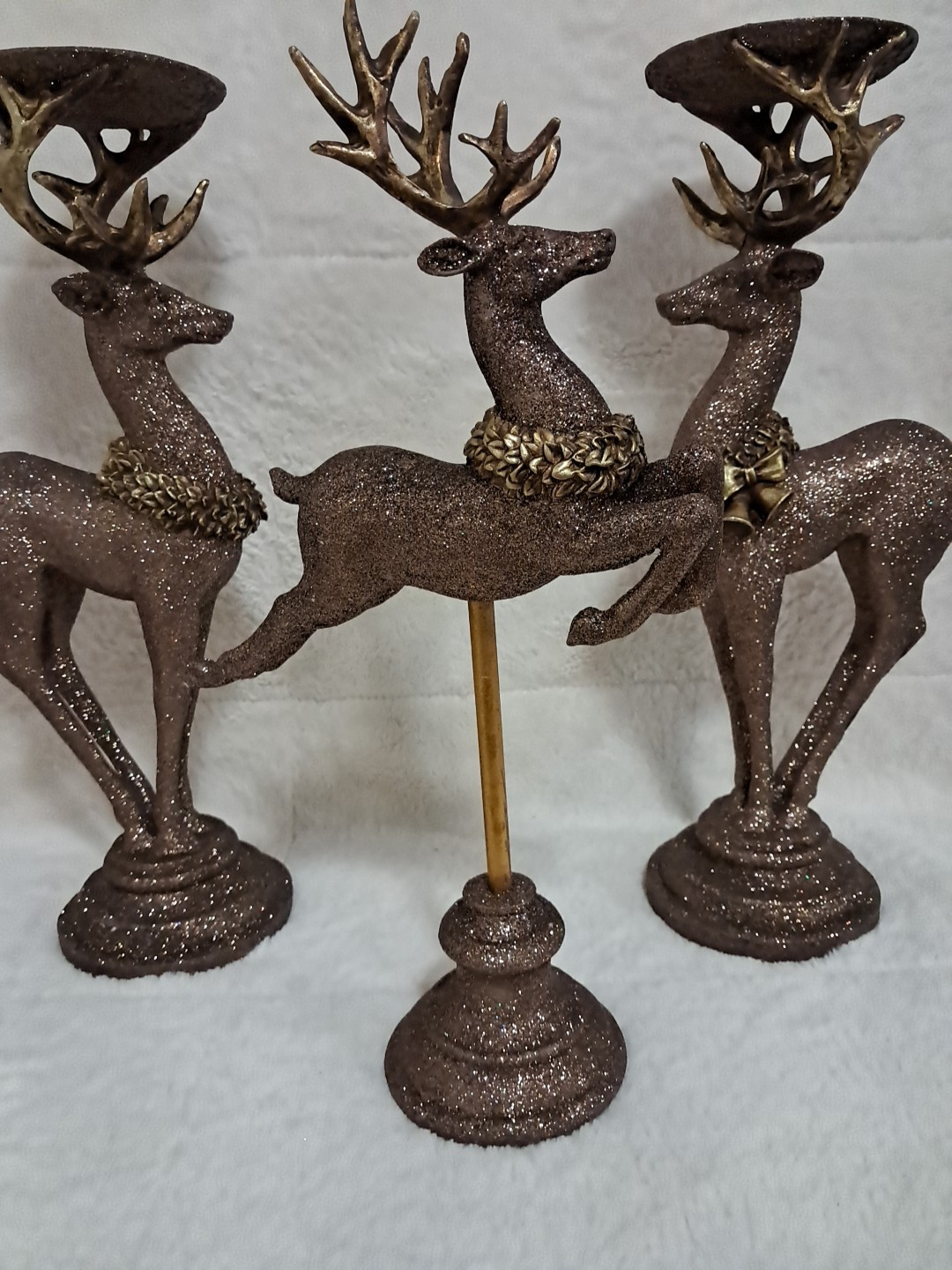 Melrose International Christmas Reindeer Glitter Bronze Candle Holders Statue 