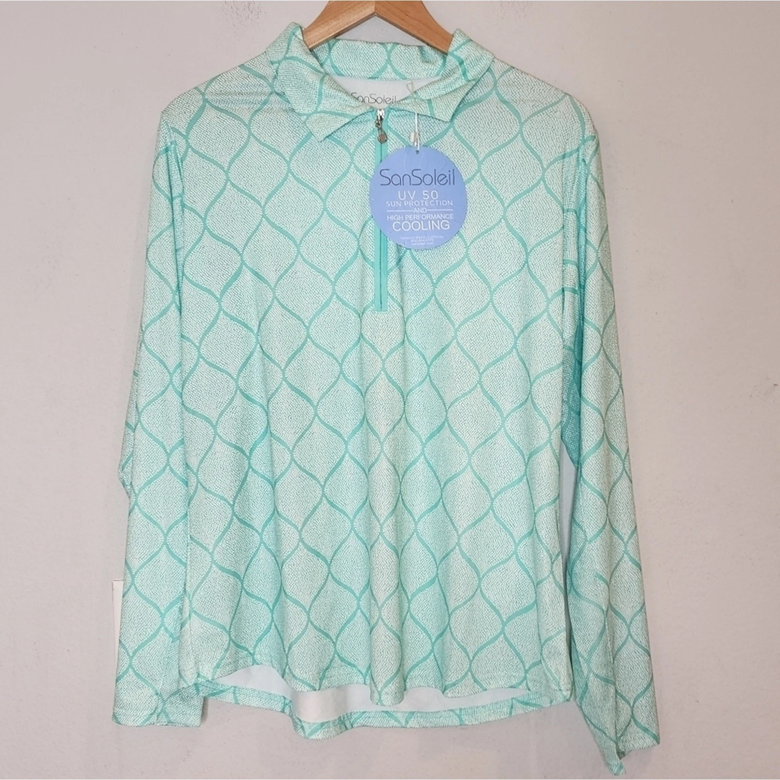 NWT SanSoleil Size XL UPF Long Sleeve 1/4 Zip Mock Golf Sun Shirt Green White
