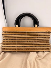 Vintage Bamboo Twig Handbag Lucite Handle Boho Coastal Woven Clutch Purse
