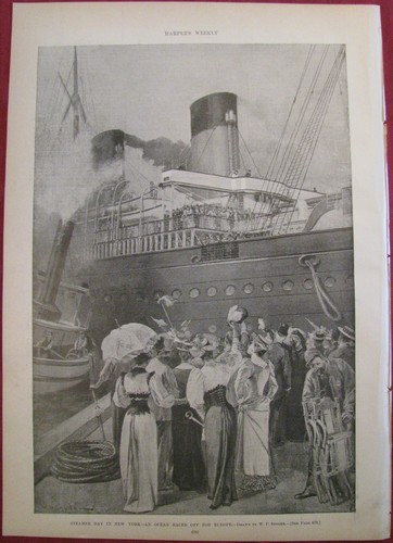 STEAMER DAY NEW YORK OCEAN LINER OFF FOR EUROPE 1892 HARPER'S WEEKLY PRINT - Picture 2 of 2
