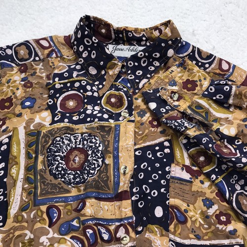 Jane Ashley Button Shirt Women M Geometric FLORAL Abstract 100% Silk Long Sleeve - Picture 6 of 15