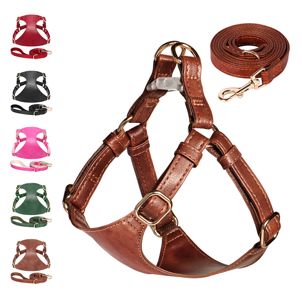 Soft Leather Dog Harness Lead Set Adjustable Pet Puppy Walking