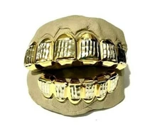 14K Gold Plated Upper Lower Teeth Grills Grillz Set Diamond Cut + At Home Molds