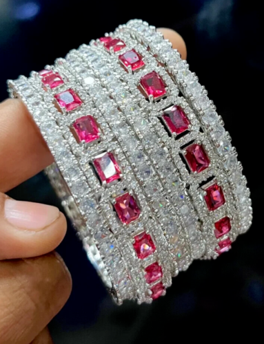Indian Silver Tone American diamond Ruby Red AD Zircon Bangles Bracelet 2.8 - Picture 1 of 4
