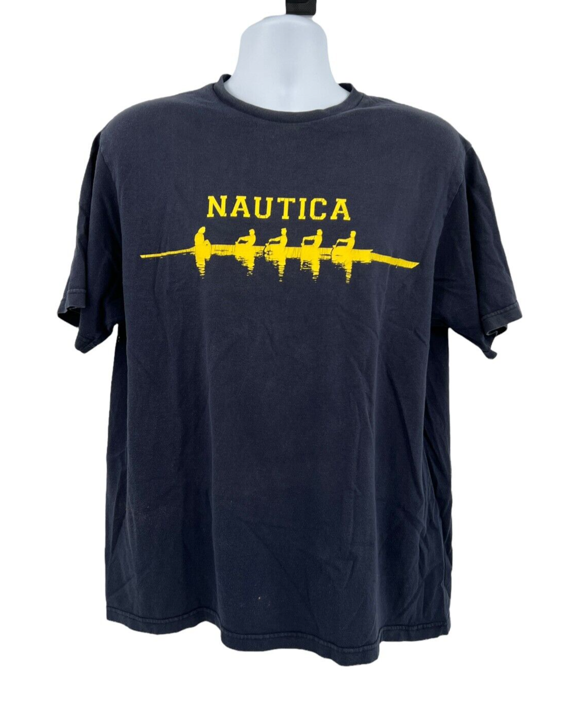 FILA Vtg Nautica Navy Blue Yellow Rowing Graphic Screen Print T Shirt Mens Sz Medium