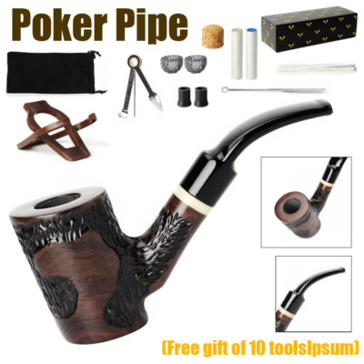 #ad #ad Poker Pipe Wooden Handmade Carved Tobacco Pipe 9mm Filter Bent Stem Smoking Pipe $15.69