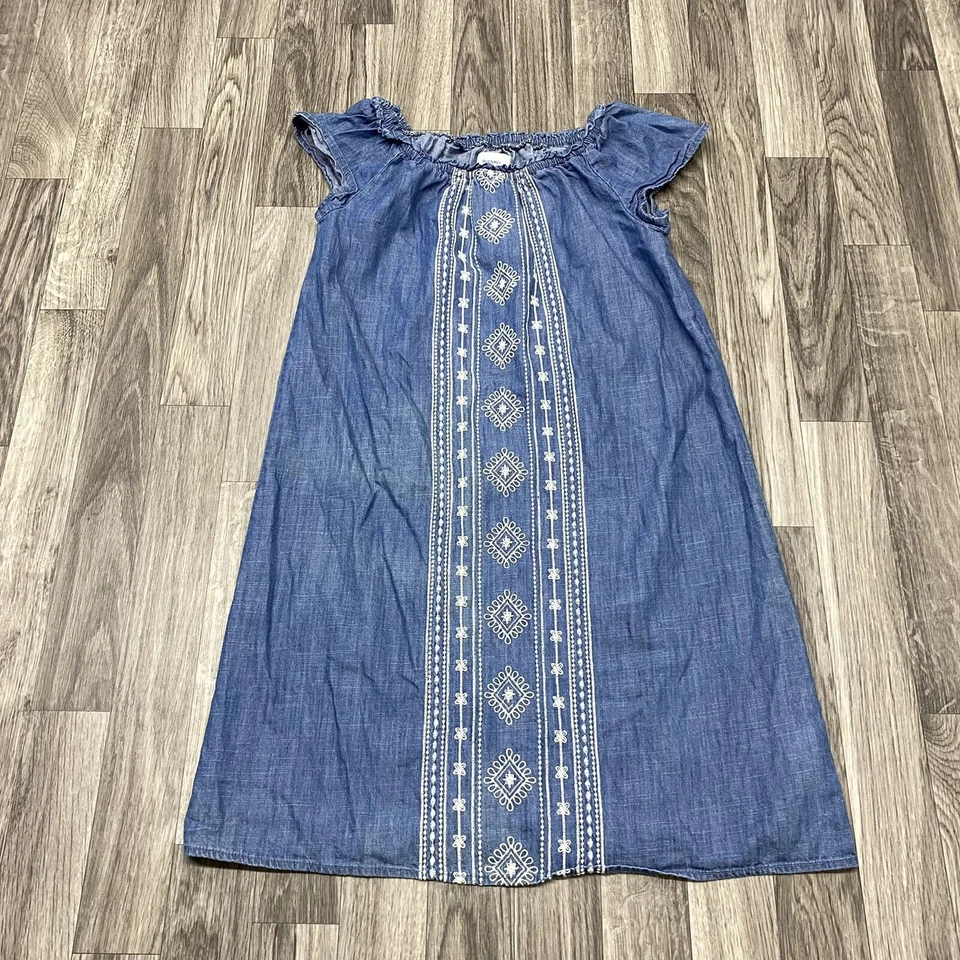 OLD NAVY Embroidered Ruffled Elastic Neckline Blue Chambray Dress Girl's Size L - Image 2 of 4