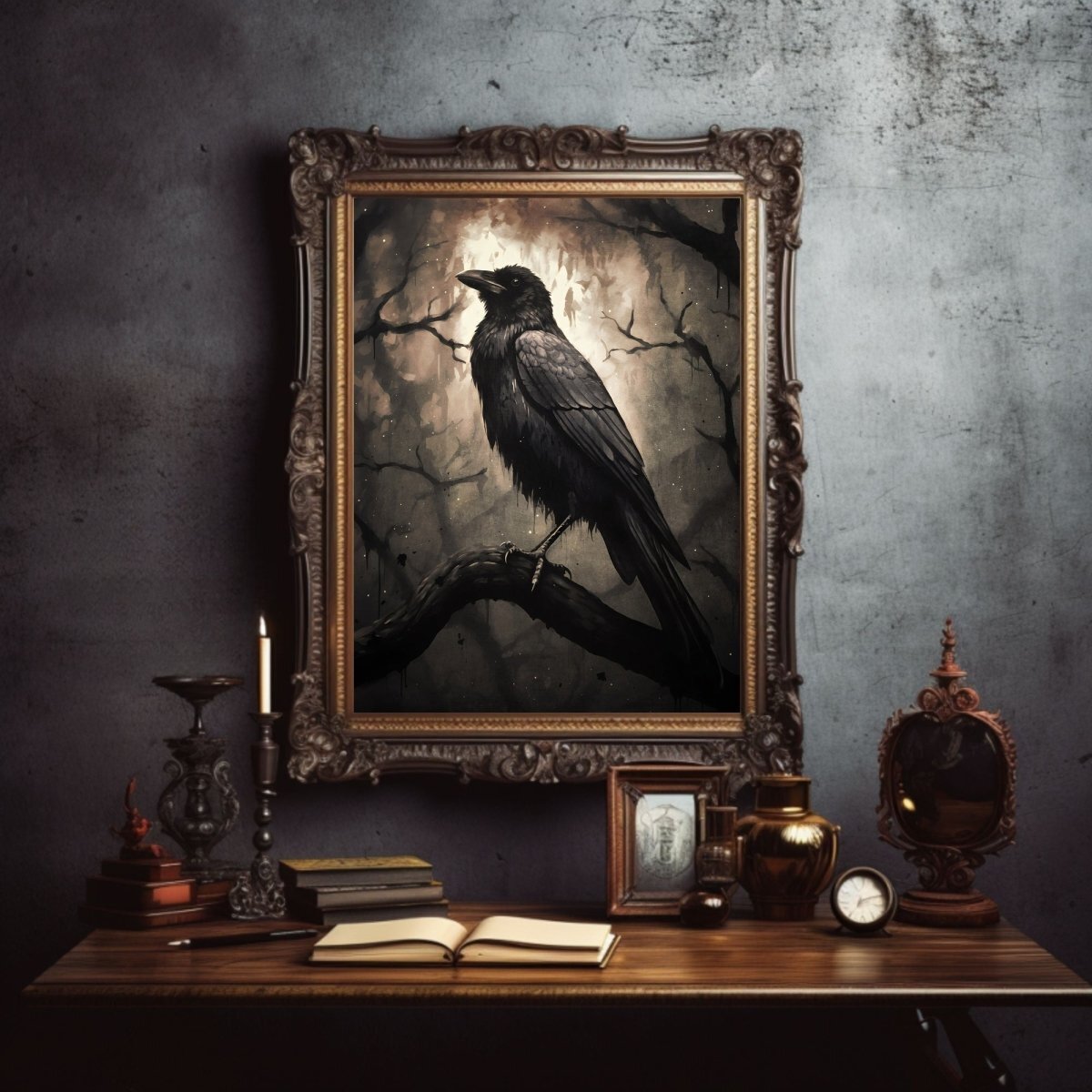 Black Raven in Dark Forest Gothic Wall Art Paper Poster Prints