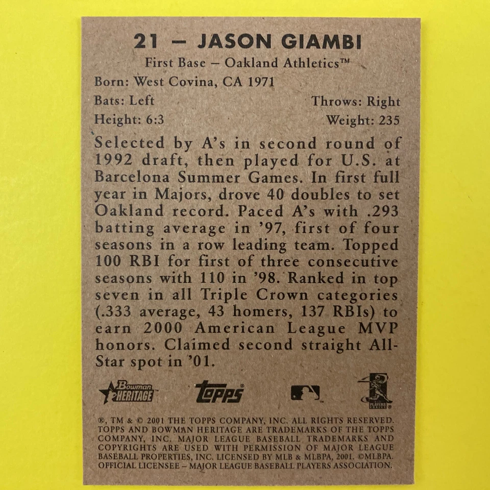 Jason Giambi 2001 Bowman Heritage Card #21 MLB Oakland Athletics - Image 2 of 2