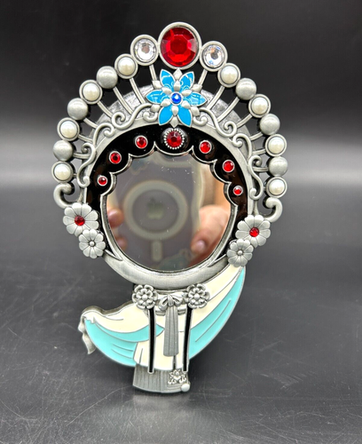Japanese Geisha Girl Enameled Gem Self Standing Vanity Desk Hand Held Mirror - Picture 2 of 13