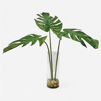 UTTERMOST 60181 IBERO SPLIT LEAF PALM GLASS VASE WITH NATURAL STONES FAUX WATER