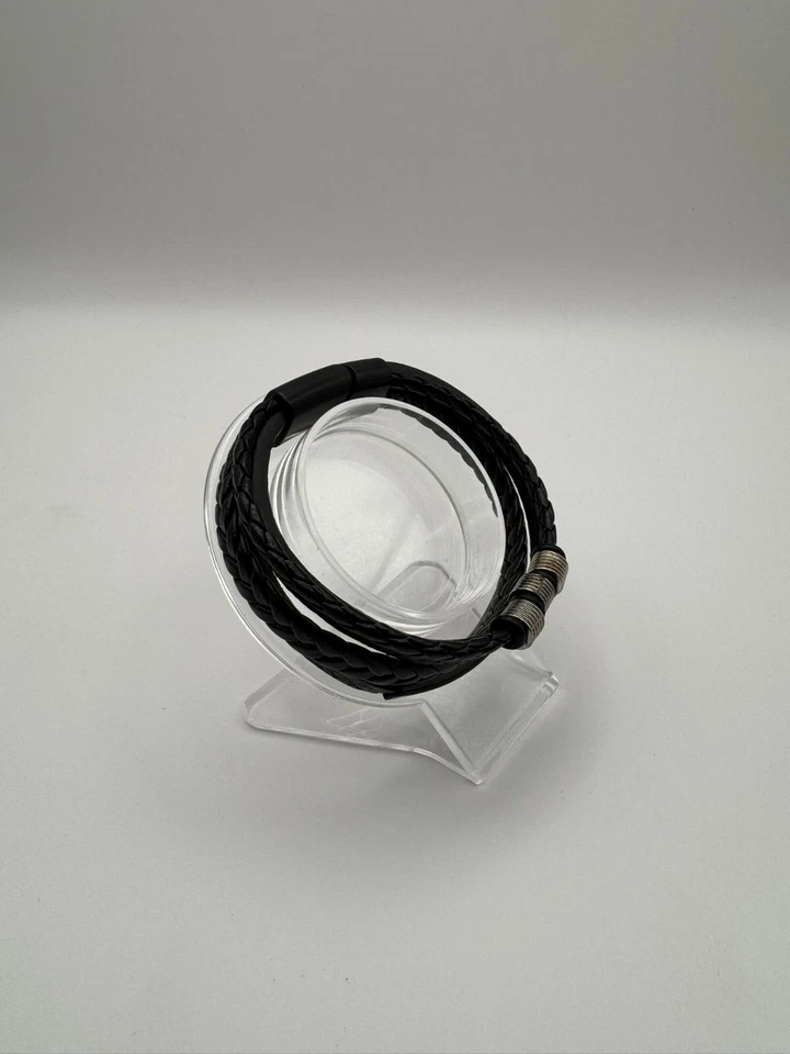 Lederarmband Schwarz 21cm mehrreihig geflochten – Magnetverschluss Edelstahl - Bild 4 von 4