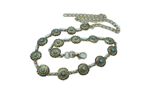 Women Western Fashion Belt Gold Color Metal Turquoise Flower Charm Fit Size S M - Picture 6 of 12