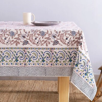 Bloc Imprimé Nappe Rectangle Carré Blanc Coton Floral Lin Avec Serviette - Photo 1/4