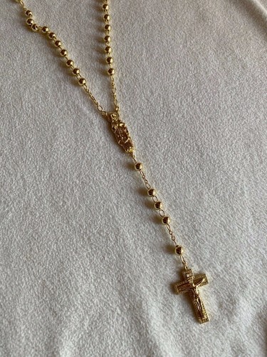 Rosary Beads Necklace 14k Gold Plated Real 925 Silver Rosario Jesus Cross CZ Icy - Picture 5 of 10