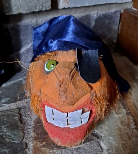 Vintage Coconut Head Carved Painted Pirate Hairy and Colorful