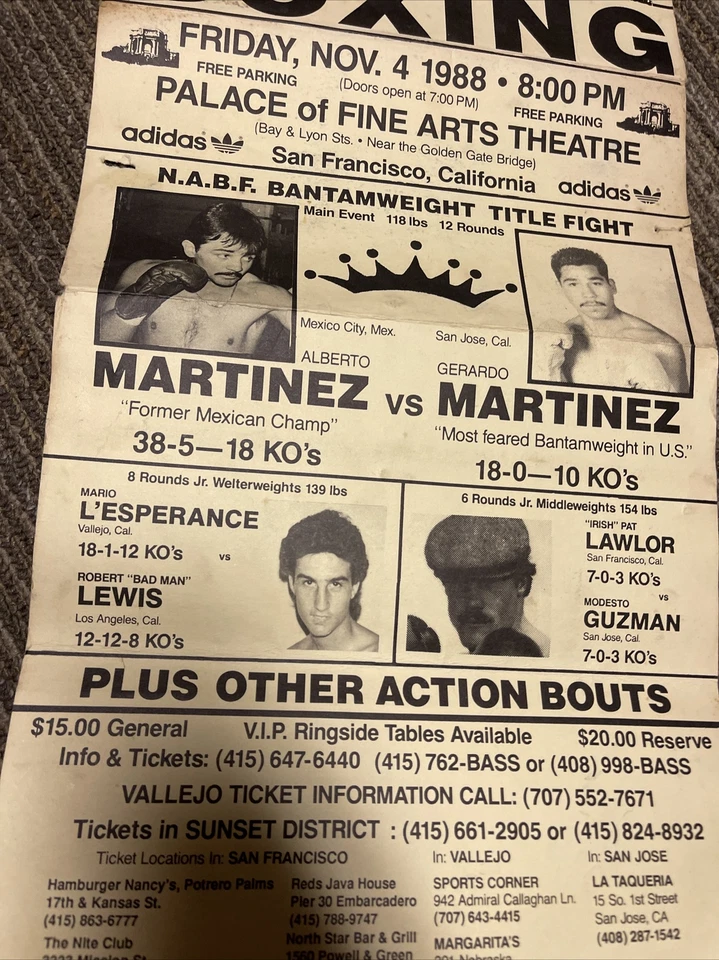 Vintage 1988 Pat Lawlor  Alberto Martinez Fight Boxing Flyer 21 X 10.5” Poster - Image 4 of 4
