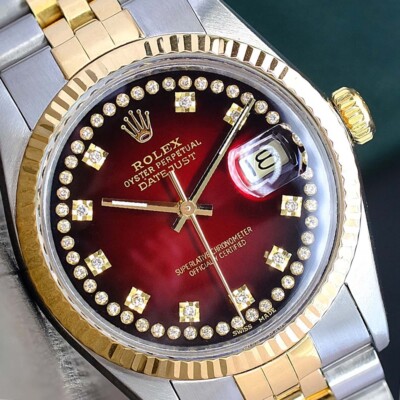 ROLEX MENS WATCH DATEJUST 18K YELLOW GOLD STAINLESS STEEL RED