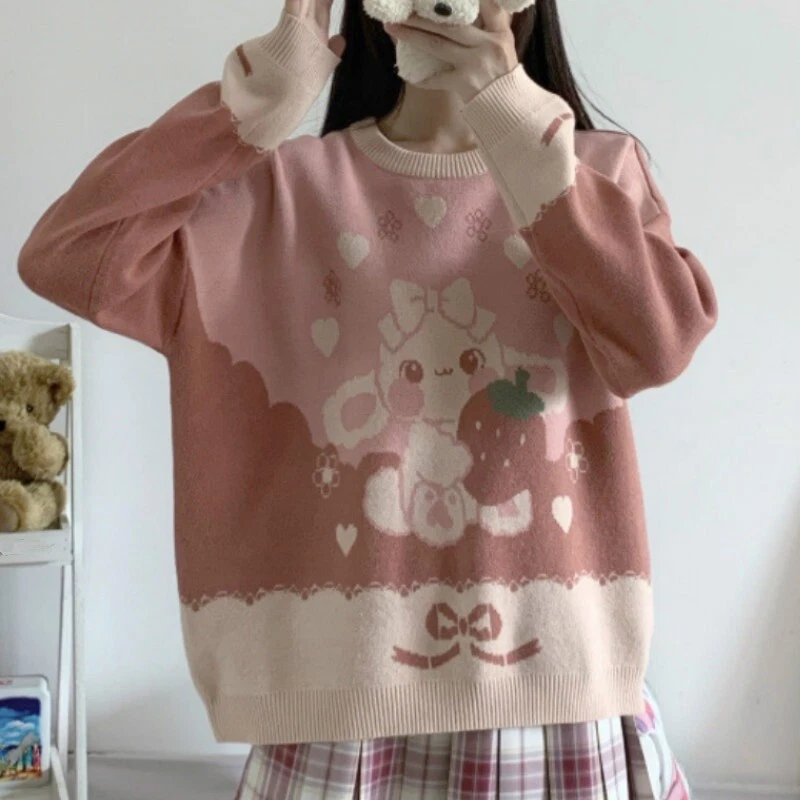 Dama Niñas Suéter Jersey Pullover Dulce Lindo Conejo Suelto Prendas para el torso Informal Foto 2 de 4