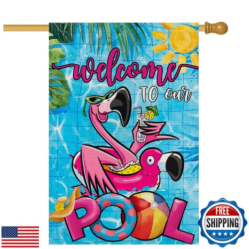 Summer POOL House Flags for Outdoor, Flamingo Welcome to Our POOL Yard Flags