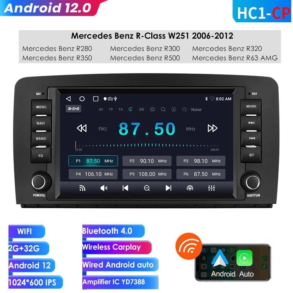 Rádio estéreo veicular 32GB CarPlay Android 12 GPS para Mercedes Benz R-W251 R320 R350 - Imagem 2 de 4