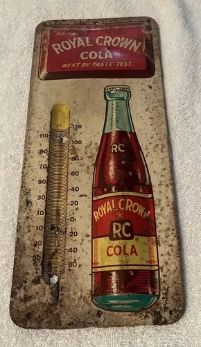 ORIGINAL VINTAGE 1950s ROYAL CROWN R.C. COLA TIN ADVERTISING THERMOMETER SIGN