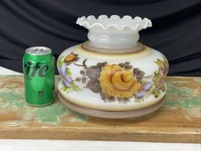 Antique Vtg Floral Glass Oil Lamp Shade Student GWTW Purple Orange Rose 7 Fitter