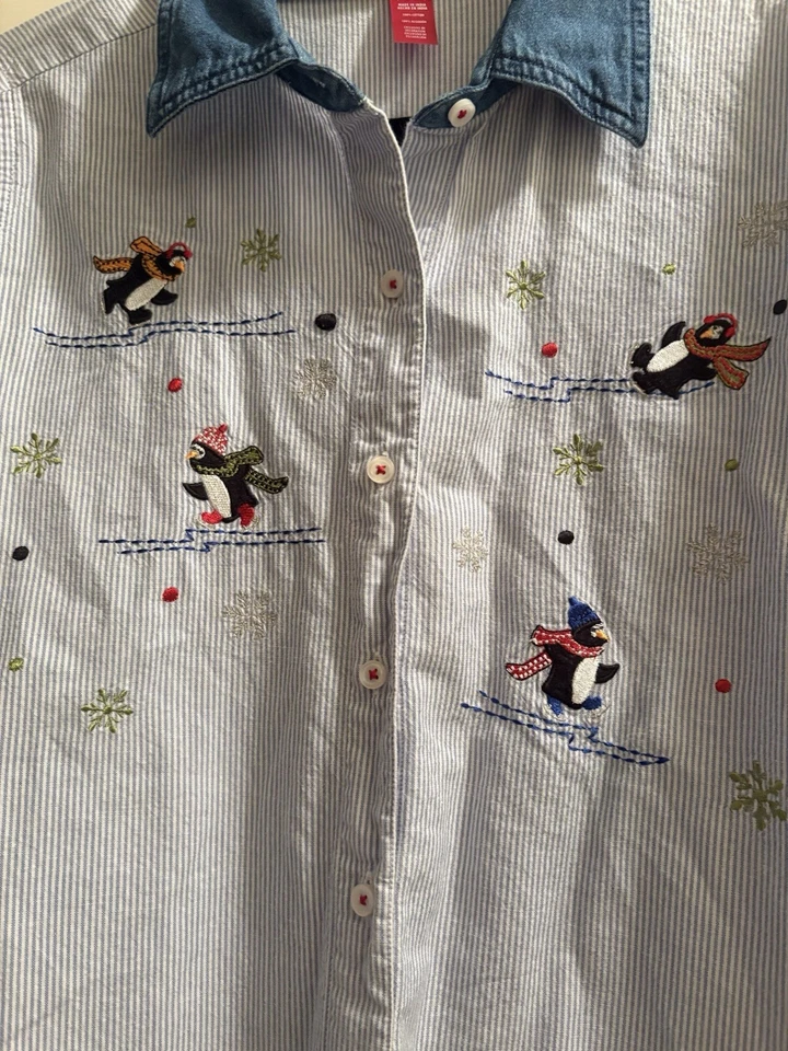 女式复古圣诞纽扣衬衫大号蓝色条纹刺绣企鹅 — 第 4/4 张图片