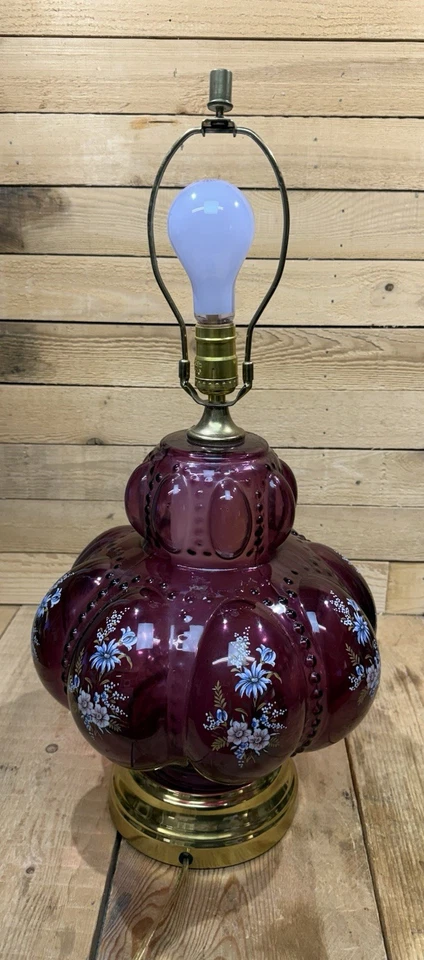 Vintage MCM Carl Falkenstein Amethyst Glass Double Bubble Lamp Floral Pattern - Image 3 of 4