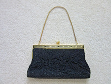 Vintage La Regale Fancy Black Beaded Evening Bag Gold Chan Kiss Closure VG Cond