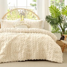 Boho Comforter Set Queen Size, 3 Piece Beige Boho Bedding Set, Rustic Farmhou...