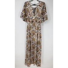 Signature Studio Paisley Boho Maxi Dress Sz Small Peasant Flutter Sleeve Brown