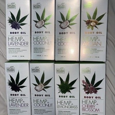 8 X Natural Therapy Hemp Body Oil 4 FL OZ Lemon Cherry Coconut Lavender Argan