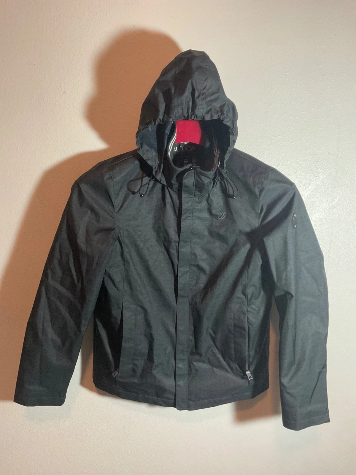 Nautica Mens Black Hooded Wind & Water Resistant Jacket Breathable Fabric Active