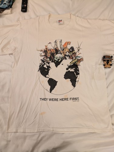 Vintage 90s They Were Here First Nature Animals T Shirt White L Human-i-tees