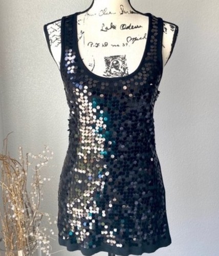 NWT Eyeshadow Medium big Sequin Bling Black Tank Top M NEW Stretchy Shinny Soft