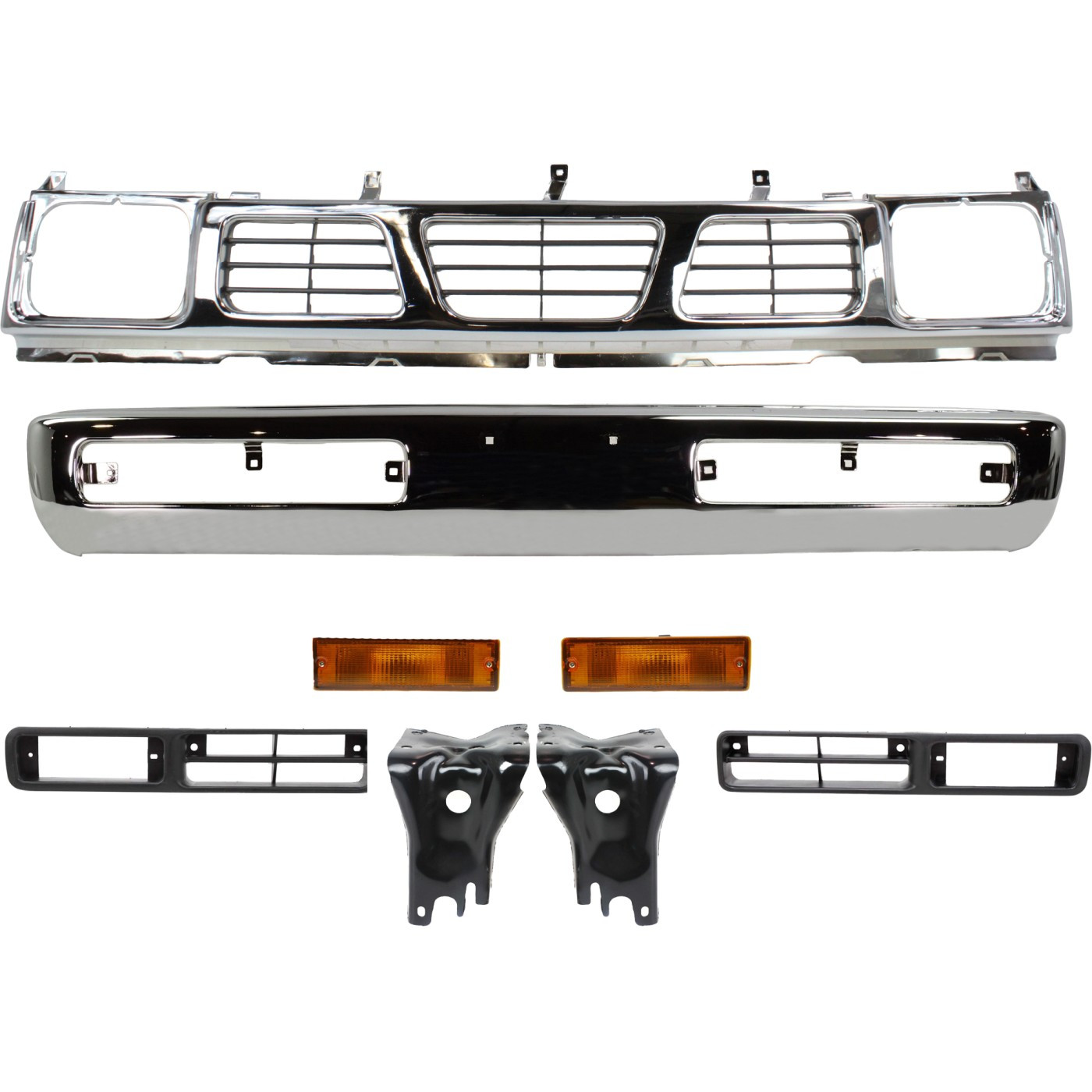 Front Bumper Kit for 1996-1997 Nissan Pickup, Chrome Steel, 8-Piece Set