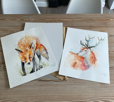 ORIGINAL AQUARELL GEMÄLDE FUCHS & HIRSCH HIRSCH ELLE SMITH FINE ART SIGNIERT PAAR