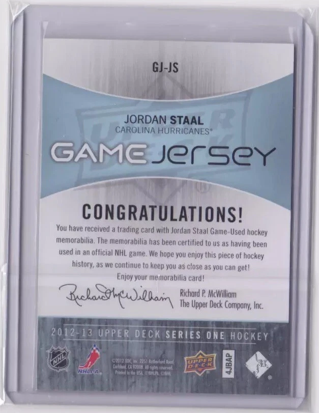 2012-13 UPPER DECK SERIES 1 GAME JERSEY JORDAN STAAL #GJ-JS CAROLINA HURRICANES - Image 2 of 2