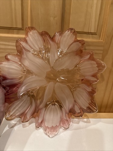 Vintage Mikasa Germany Made Frosted Tulips Pink Edge Footed Crystal Plate 12’ - Picture 3 of 7