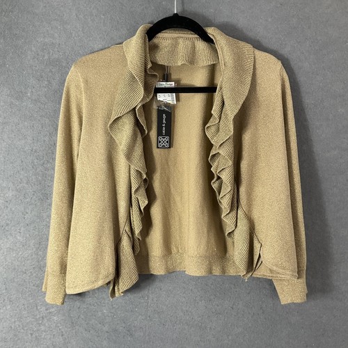 Cable & Gauge Cardigan Womens Sz L Metallic Gold Ruffle Water Fall Copped Knit - 第 1/12 張圖片