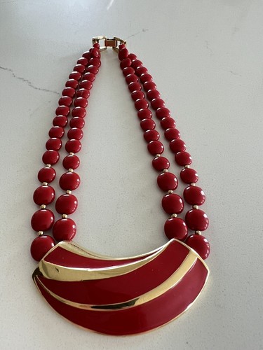 Collana Ciondolo Vintage anni '70 TRIFARI Perline Rosse 2 Fidelli Smalto Tono Oro - Foto 2 di 10