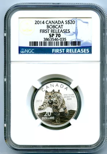 2014 $20 CANADA SILVER BOBCAT LYNX NGC SP70 FIRST RELEASES BLUE LABEL 1/4 OUNCE