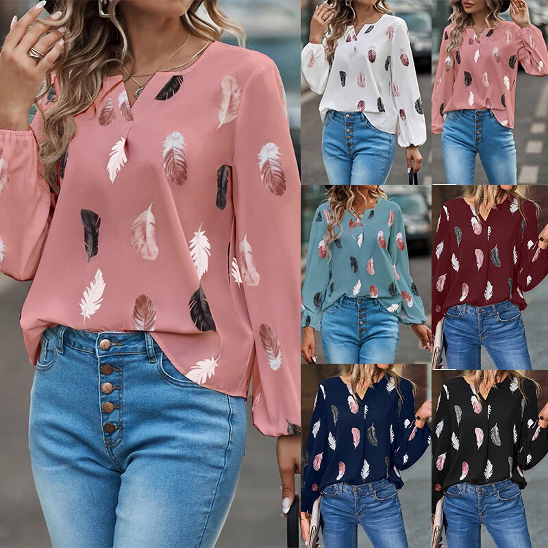 Womens Chiffon Spring T Shirt Feather Print Blouse Ladies Long Sleeve Tops