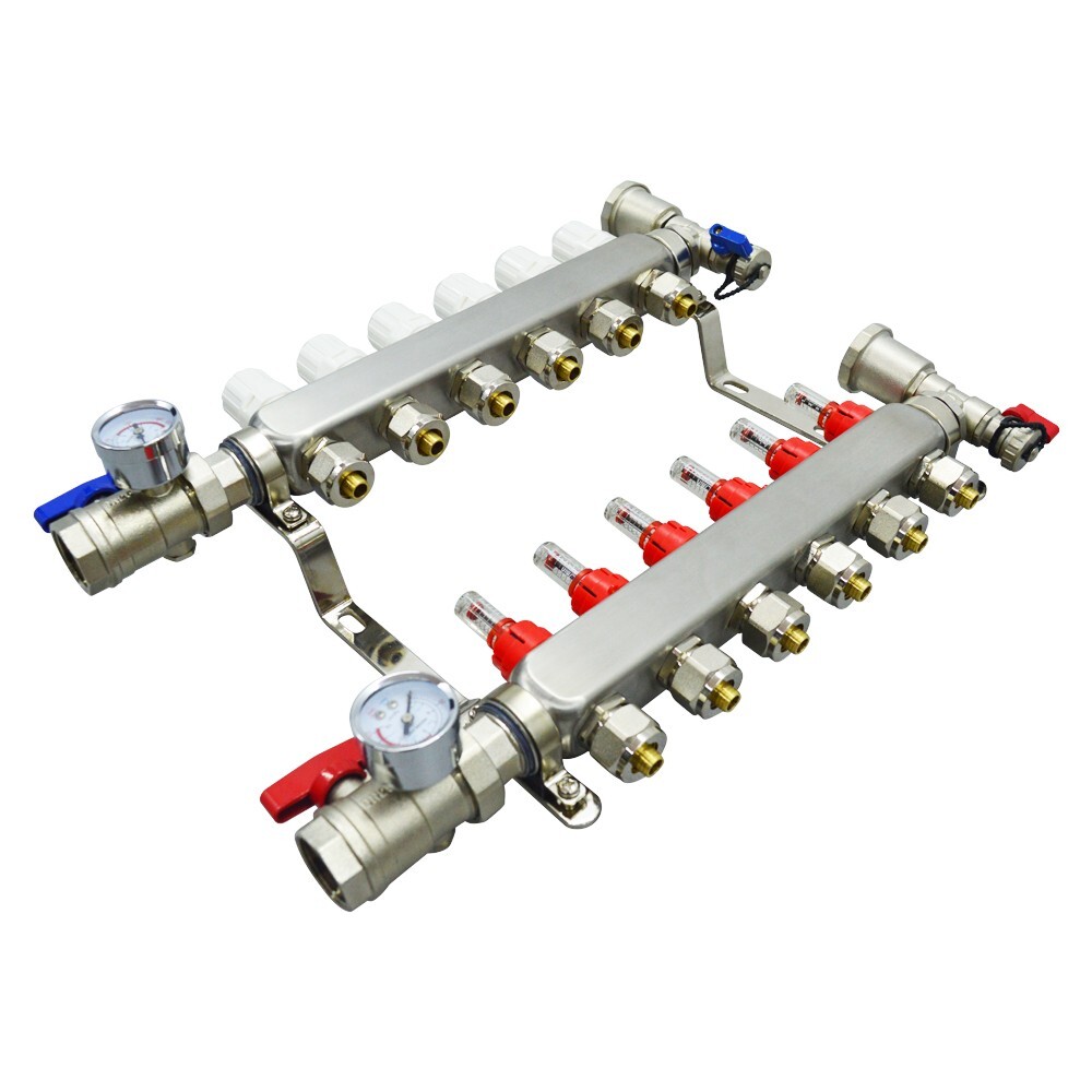 6-Branch PEX Floor Heating Manifold 304 Stainless Steel 1-95℃ 1.5MPa