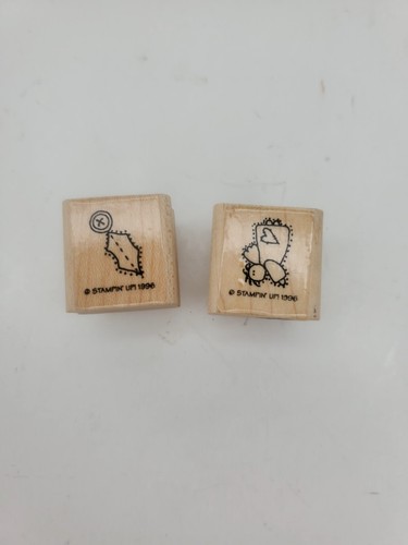 2 Vtg. 1996 Angel & Sewing Button Patch Sew Lines Stampin Up Wood Rubber Stamps