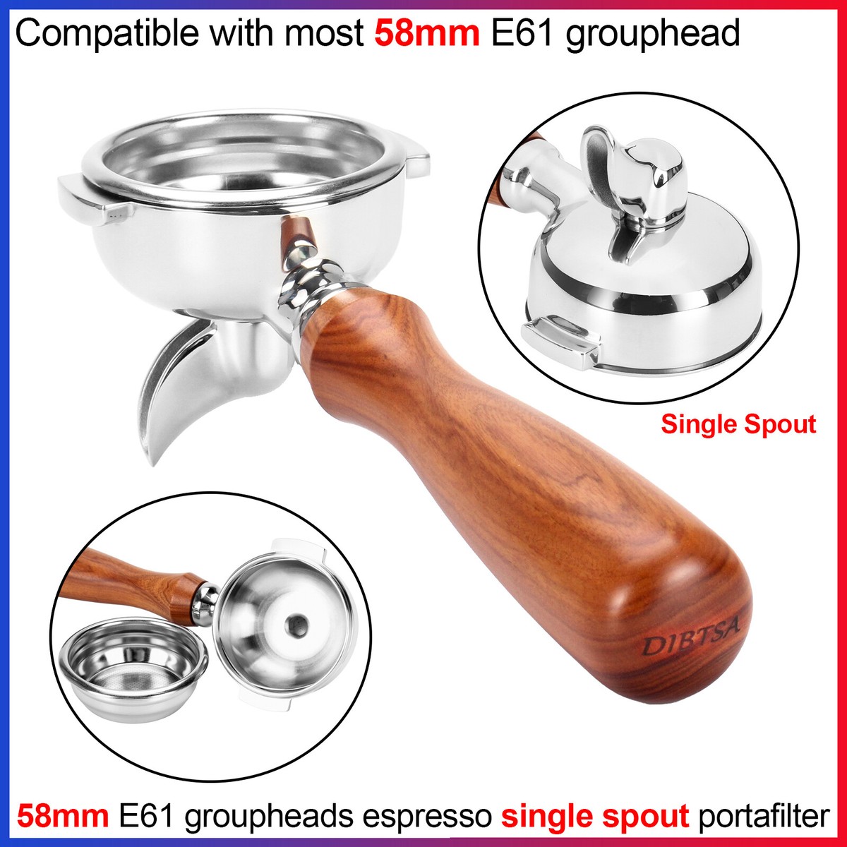Removable, 58mm Single Spout Portafilter Compatible with most 58mm E61  grouphead