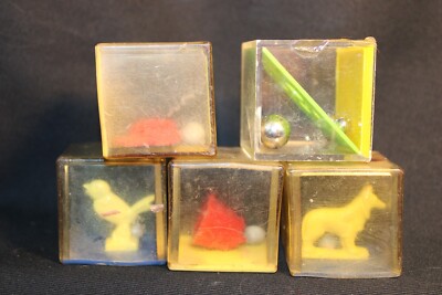 Vintage Clear Plastic Blocks with animals Inside as well as metal balls Lot of 5